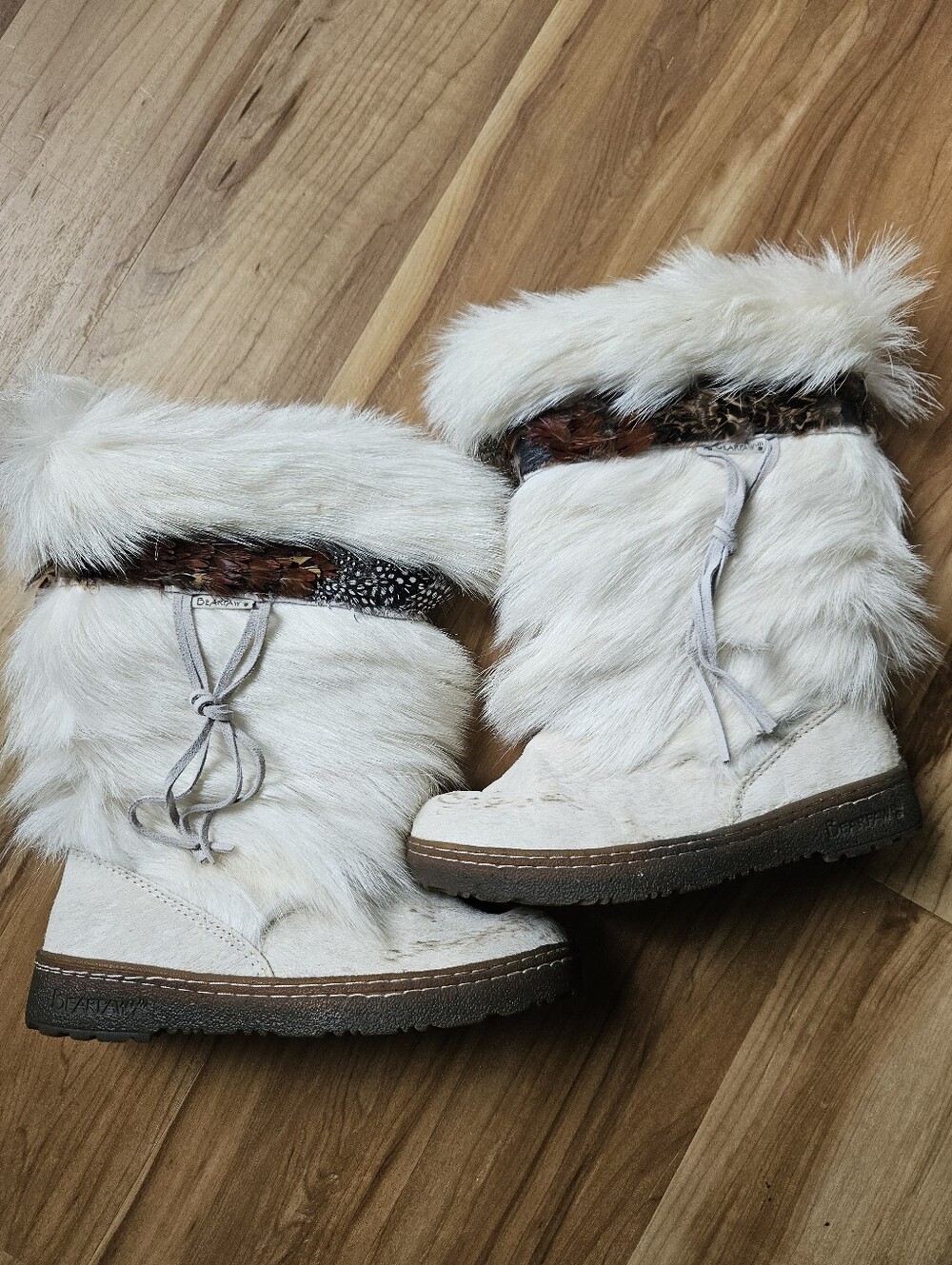 Bearpaw Kola II White Goat Fur Sheepskin Boots Leather Feather Trim Winter Boots